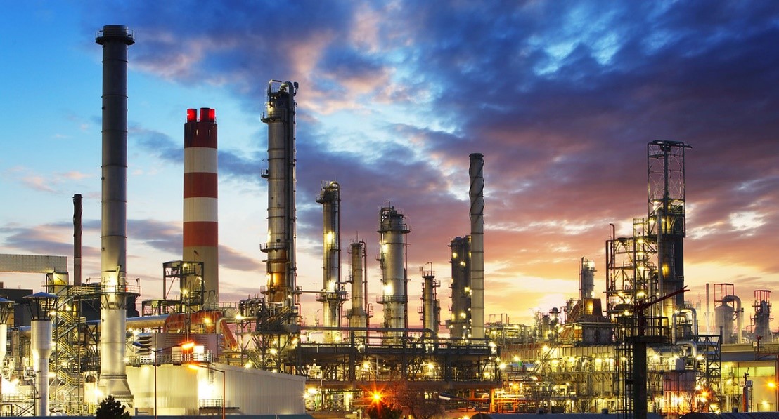 Refinery lit up at dusk